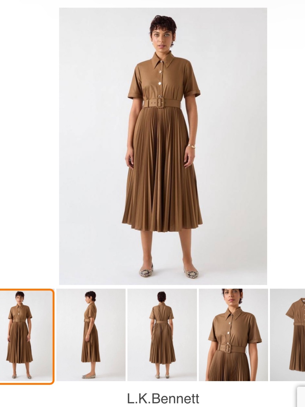LK Bennett Cocoa Pleated Belted Midi Dress